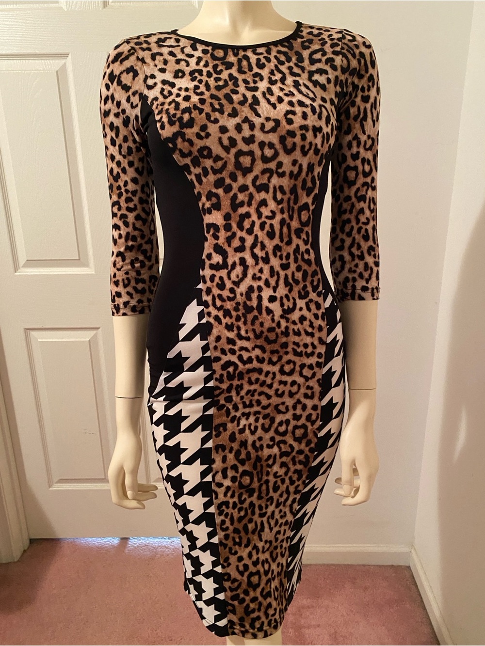 River Island Leopard & Houndstooth Midi Sheath Dress - Brown/Black/White